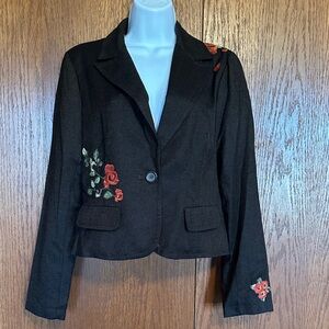 Mixit Brown Cropped Blazer with Red Rose Embroidery